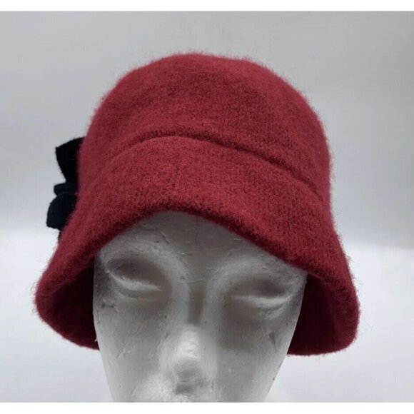 Badgley Mischka Red Wool Blend Cloche Bucket Hat with Gray Felt Flowers One Size - Picture 2 of 10